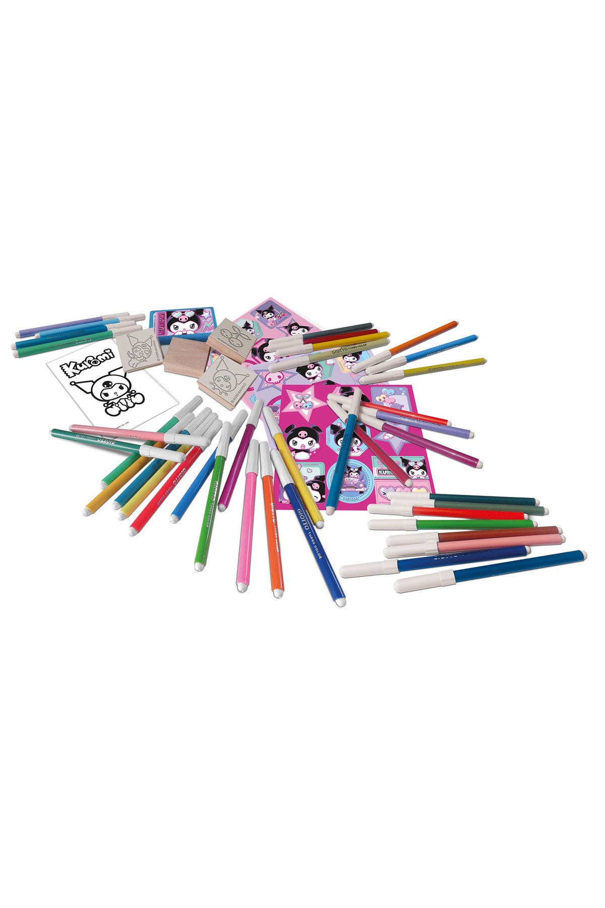 Multiprint Kuromi 60-Piece Felt-Tip Pen Set – Includes 60 Felt Pens, 10 Pencil Crayons, 10 Wax Crayons, 6 Stamps, Ink Pad, Coloring Book, Notebook & 30 Stickers – 100% Made in Italy