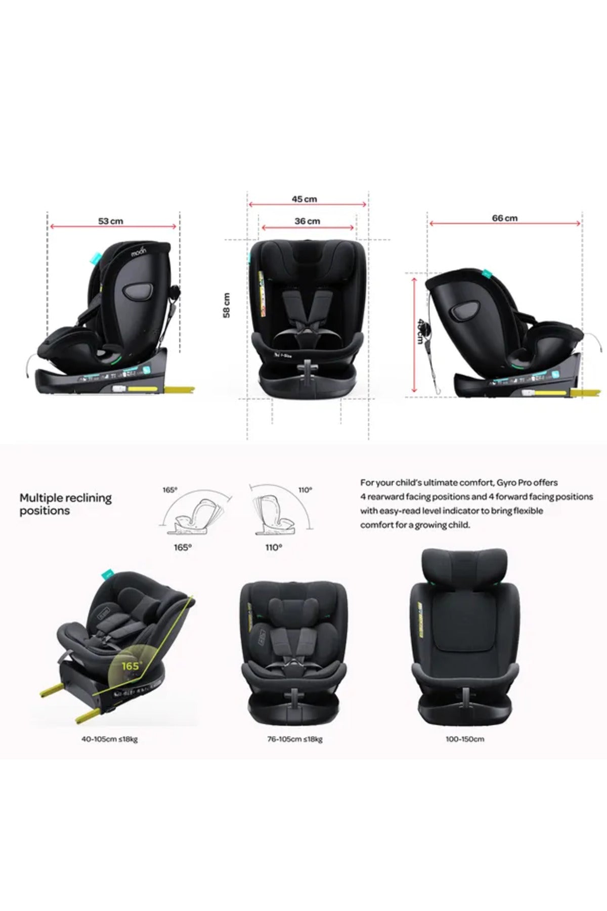 MOON Gyro Pro i-Size 360° Rotating Car Seat w/ ISOFIX for 40-150cm (Group 0+-1-2-3) 0m to 12Yr- ECE R129/E4 – Black