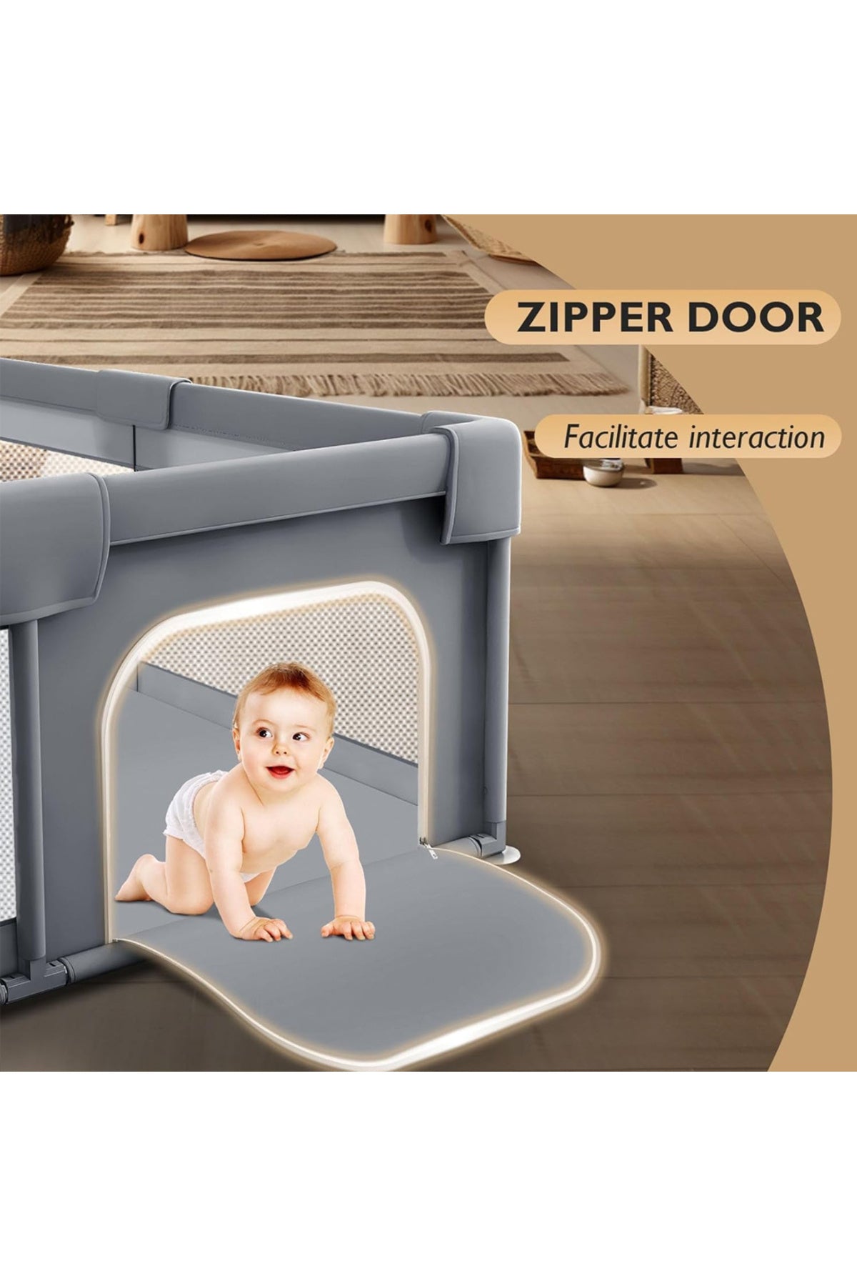 Star Babies - Baby Playpen With 4 Pull-Up Rings - Dark Grey - 180 x 150 cm