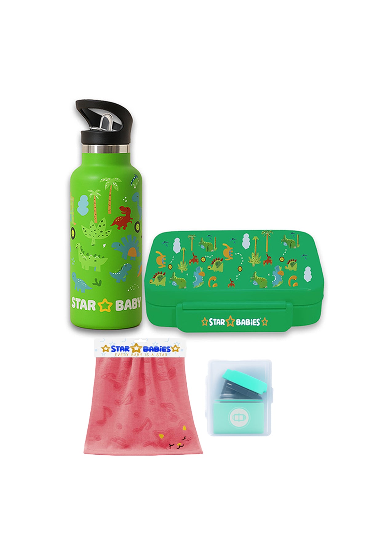 Star Babies - Star Babies Jungle Green Bento Lunch Box with 4 Compartments, BPA Free, Leak-Proof with Anti Spil Stainless Steel 500ml Water Bottles, Vacuum Insulated Double Wall Travel Bottle with Leak-Proof Straw Lid