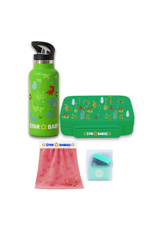 Star Babies - Star Babies Jungle Green Bento Lunch Box with 4 Compartments, BPA Free, Leak-Proof with Anti Spil Stainless Steel 500ml Water Bottles, Vacuum Insulated Double Wall Travel Bottle with Leak-Proof Straw Lid