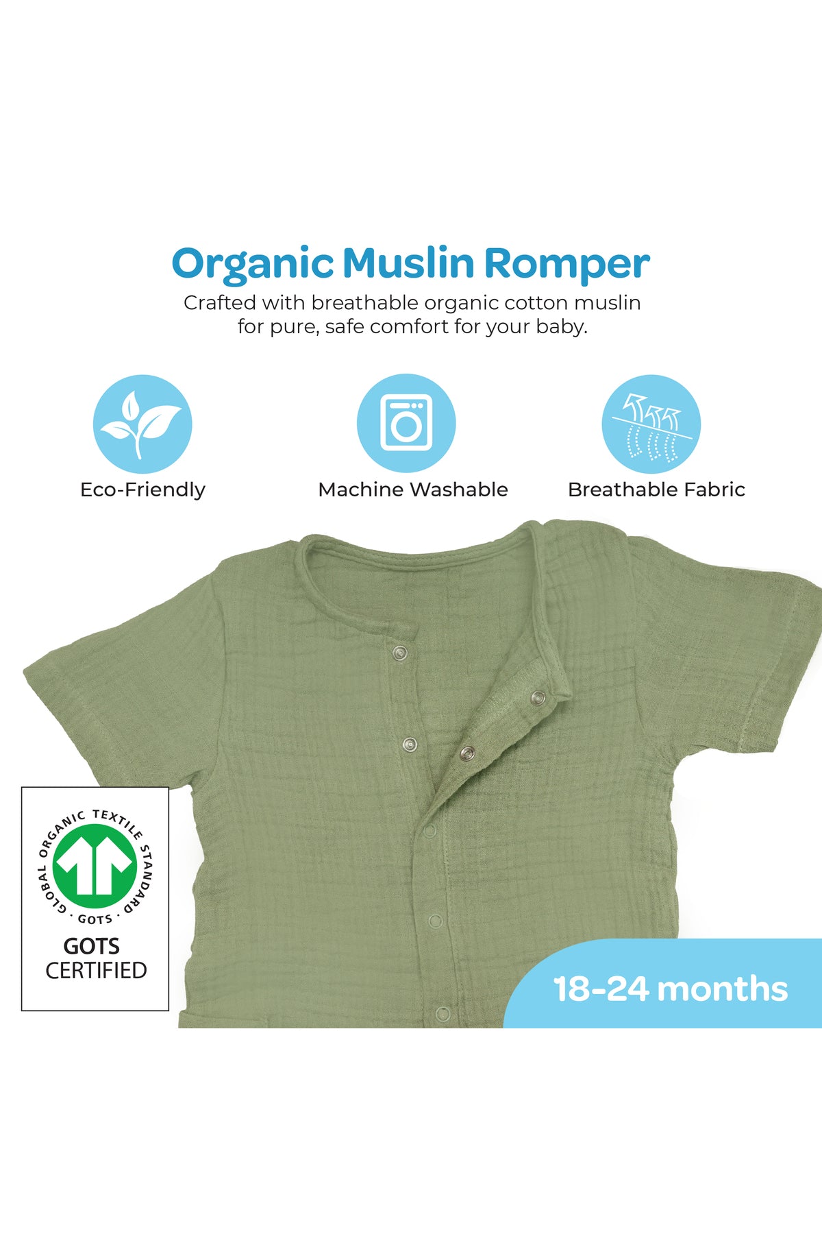 MOON Organic Crinkle Muslin Romper (18-24 Months)- Green
