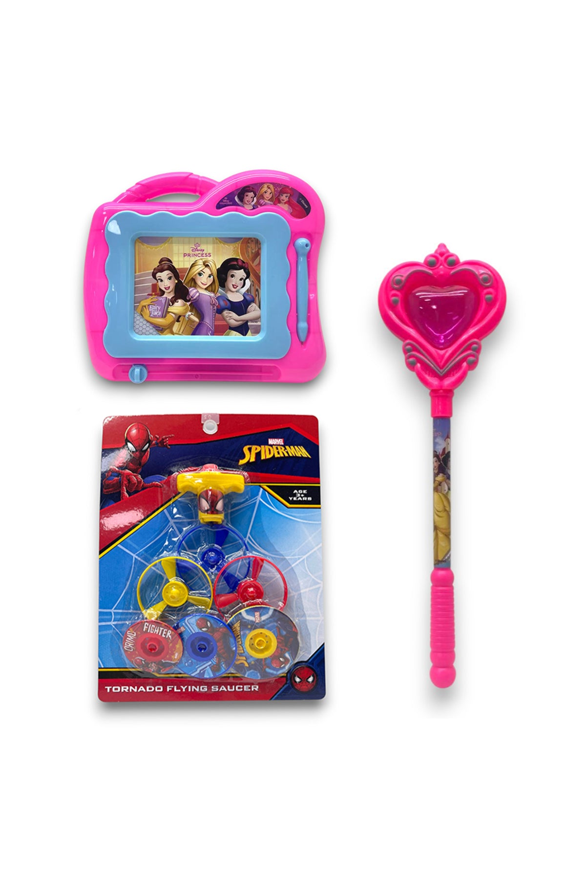 Marvel Spider-Man Tornado Flying Saucer Toy | Outdoor Spinner Disc for Kids Age 3+| Multicolor + Disney Princess Magic Wand for Girls + Disney Princess Doodle Drawing Board