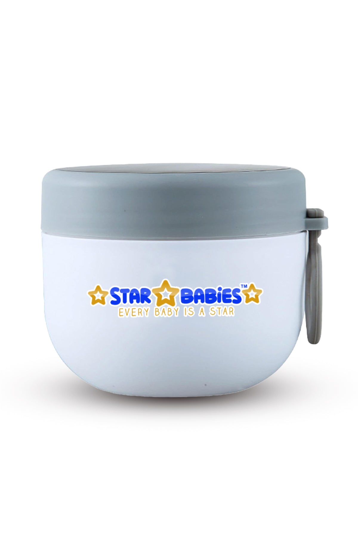 Star Babies Stainless Steel Food Jar 600ml Portable Microwave Safe Breakfast Cup with Spoon & Leak Proof Lid - White