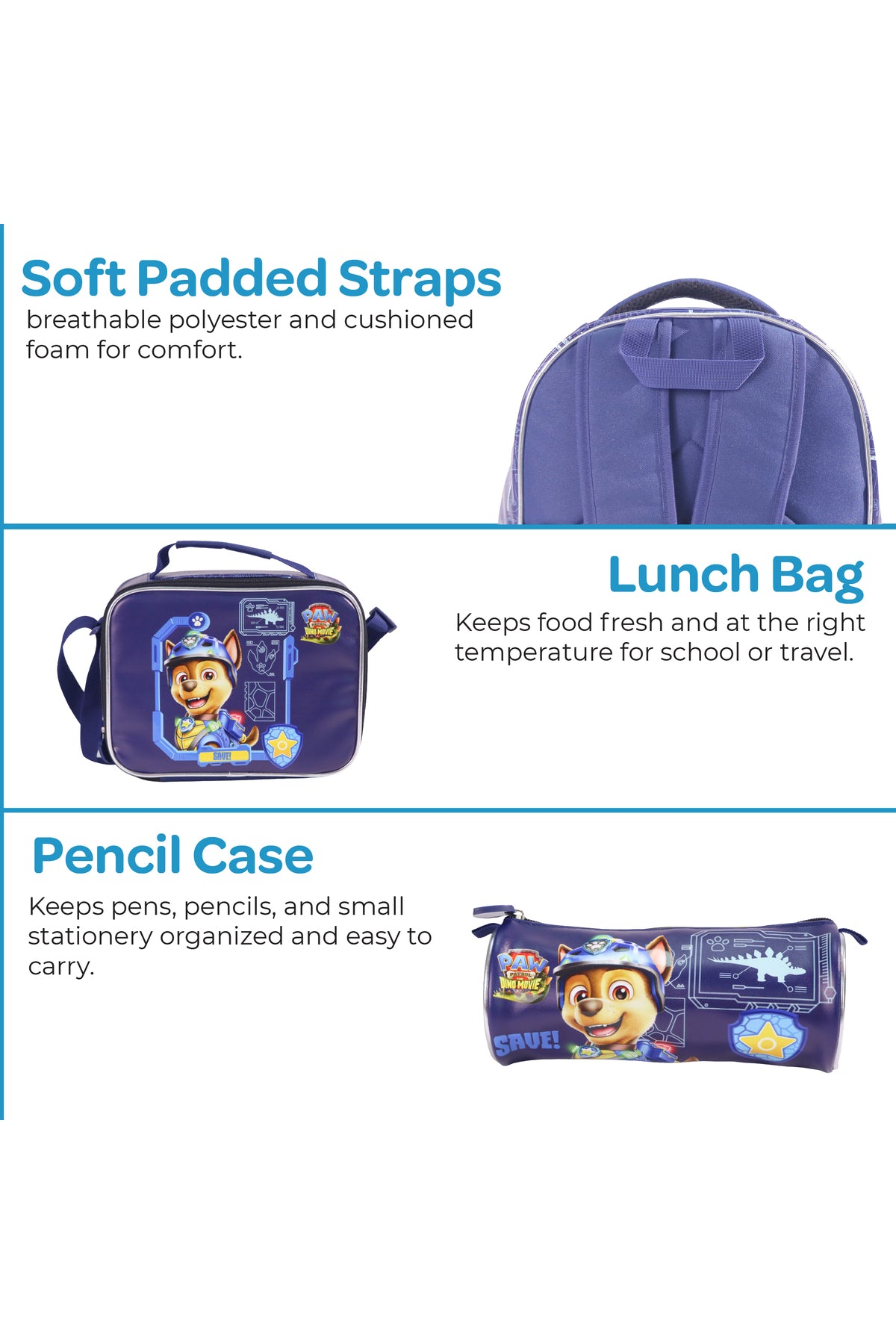 MOON Licensed PAW PATROL 3 in 1 Backpack Set- (16-Inch) Premium Kids School Bag with Lunch Bag & Pencil Case-Blue
