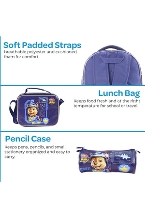 MOON Licensed PAW PATROL 3 in 1 Backpack Set- (16-Inch) Premium Kids School Bag with Lunch Bag & Pencil Case-Blue