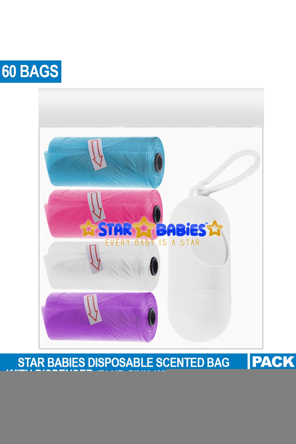 Star Babies - Scented Nappy Bag 4 Packs/60 Bags & Dispenser - Blue/Pink/White/Lavender