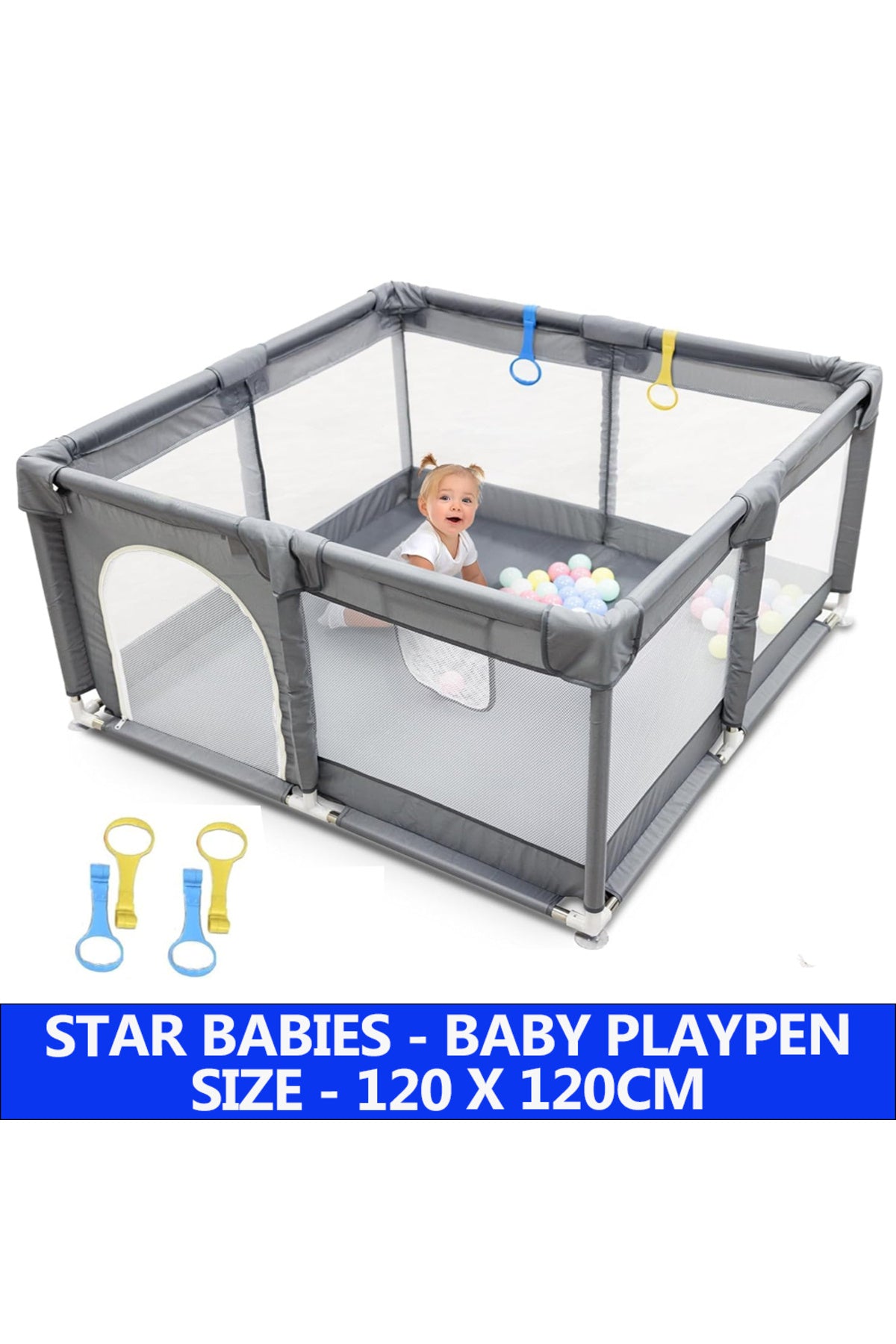Star Babies - Baby Playpen With 4 Pull-Up Rings - Dark Grey - 120 x 120 cm