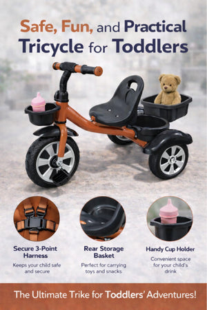 StarMarz Toddler 3-Wheel Tricycle Ride-On Toy with Safety Seat, Cup Holder & Rear Storage Basket - Brown