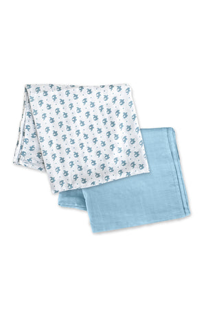 MOON Bamboo Muslin Wrap/ Swaddle-Elephant Print & Blue.