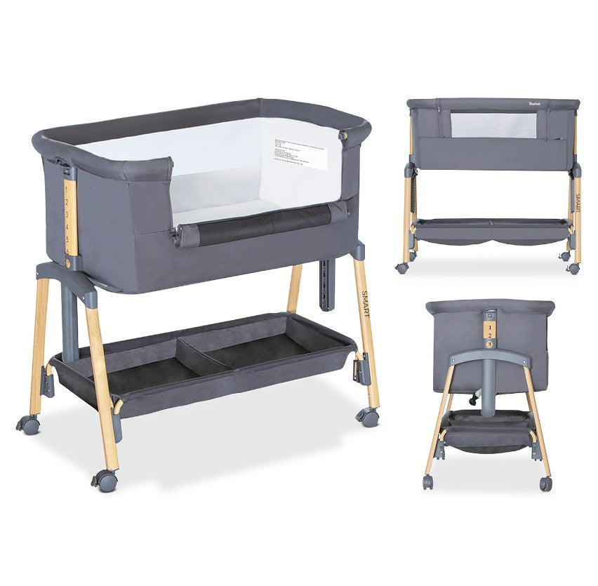 Asalvo Smart 2-in 1 Co-Sleeping Mini Crib & Bed with Mattress - Grey, - 0-6 months