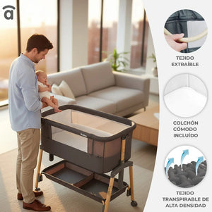Asalvo Smart 2-in 1 Co-Sleeping Mini Crib & Bed with Mattress - Grey, - 0-6 months