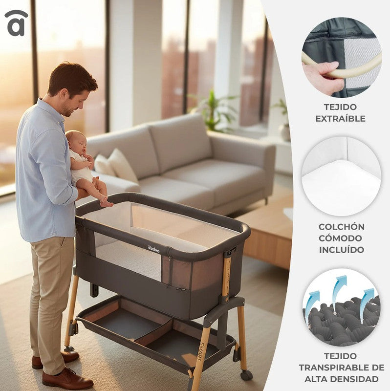 Asalvo Smart 2-in 1 Co-Sleeping Mini Crib & Bed with Mattress - Grey, - 0-6 months