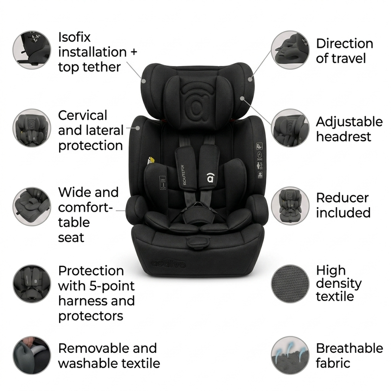 Asalvo Route Fix Convertible Car Seat, Group 1/2/3 (9-36kg), Isofix + Top Tether, Black