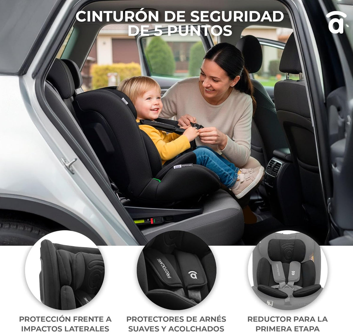 Asalvo Protocare, 360º Rotating Car Seat Grey, Isofix + Top Teether, I-Size & ECE R129 approved - 0-12 years