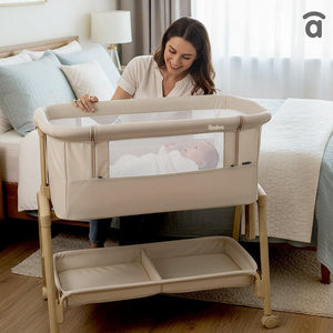 Asalvo Smart 2-in 1 Co-Sleeping Mini Crib & Bed with Mattress - Beige, 0-6 months