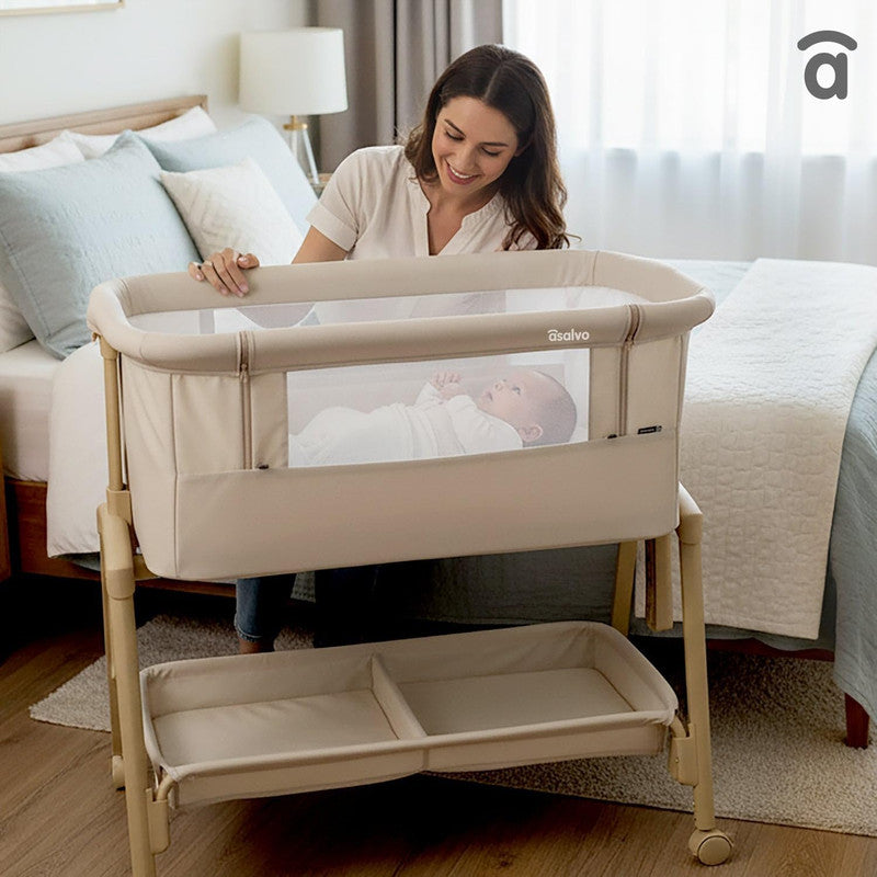 Asalvo Smart 2-in 1 Co-Sleeping Mini Crib & Bed with Mattress - Beige, 0-6 months