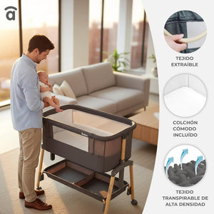 Asalvo Smart 2-in 1 Co-Sleeping Mini Crib & Bed with Mattress - Beige, 0-6 months