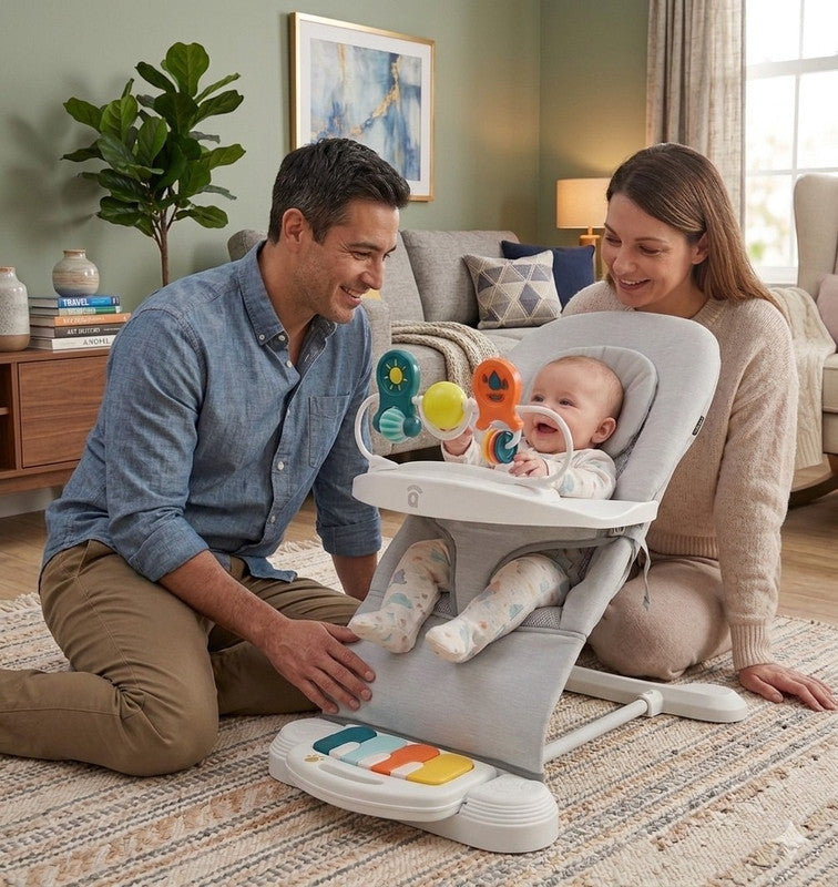 Asalvo Baby Bouncer Hawaii Grey, Ligthweight, Compact Fold with Toys - 0-6 months