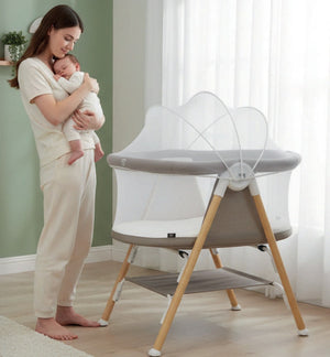 Asalvo Nidus 2 Mini Crib for Newborn, Compact Baby Crib with Storage, 0- 6 Months, Beige