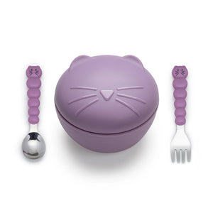 Melii Silicone Bowl With Lid & Utensils - Purple Cat