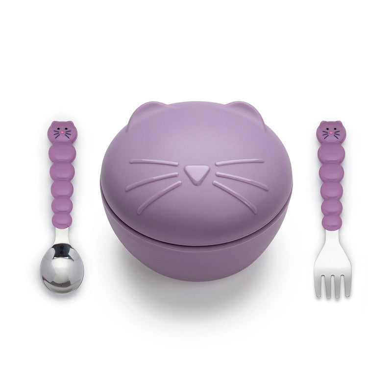 Melii Silicone Bowl With Lid & Utensils - Purple Cat