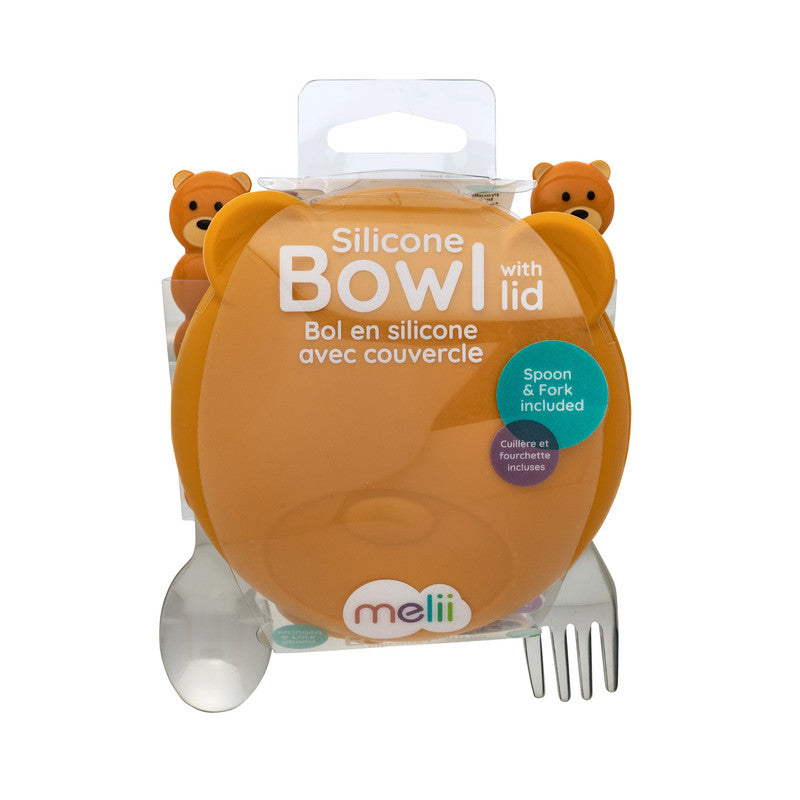 Melii Silicone Bowl With Lid & Utensils - Brown Bear