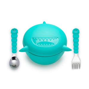 Melii Silicone Bowl With Lid & Utensils - Mint Shark