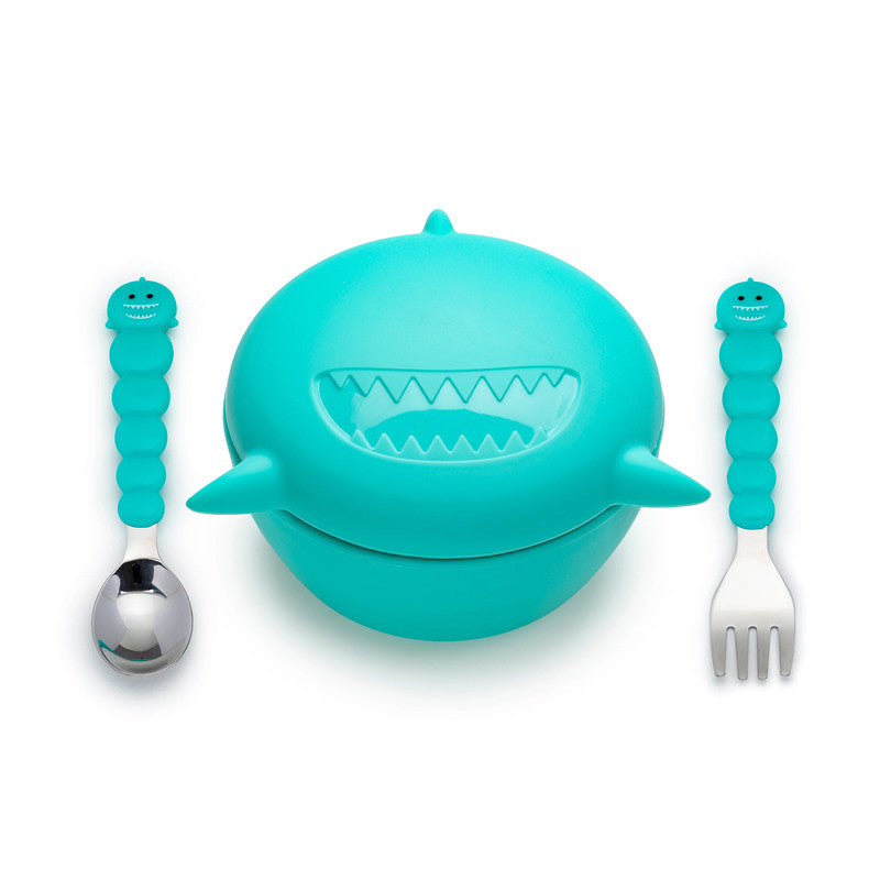 Melii Silicone Bowl With Lid & Utensils - Mint Shark