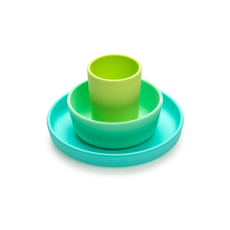 Melii 3 Piece Silicone Meal Set - Plate, Bowl & Cup (Turquoise, Green, Mint)