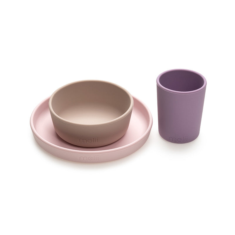 Melii 3 Piece Silicone Meal Set - Plate, Bowl & Cup (Pink, Grey, Purple)