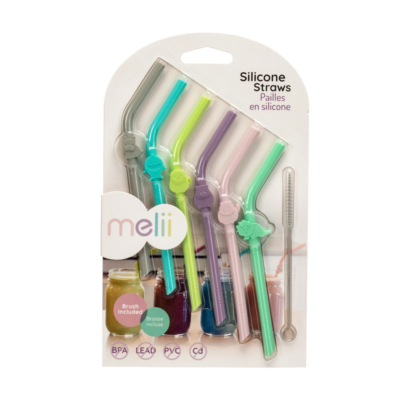 Melii Silicone Straws with Animals clip Design & Cleaning Brush 6 pcs