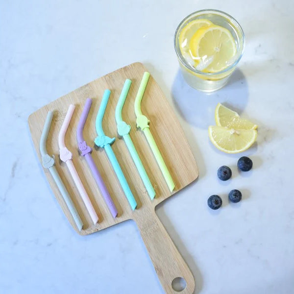 Melii Silicone Straws with Animals clip Design & Cleaning Brush 6 pcs
