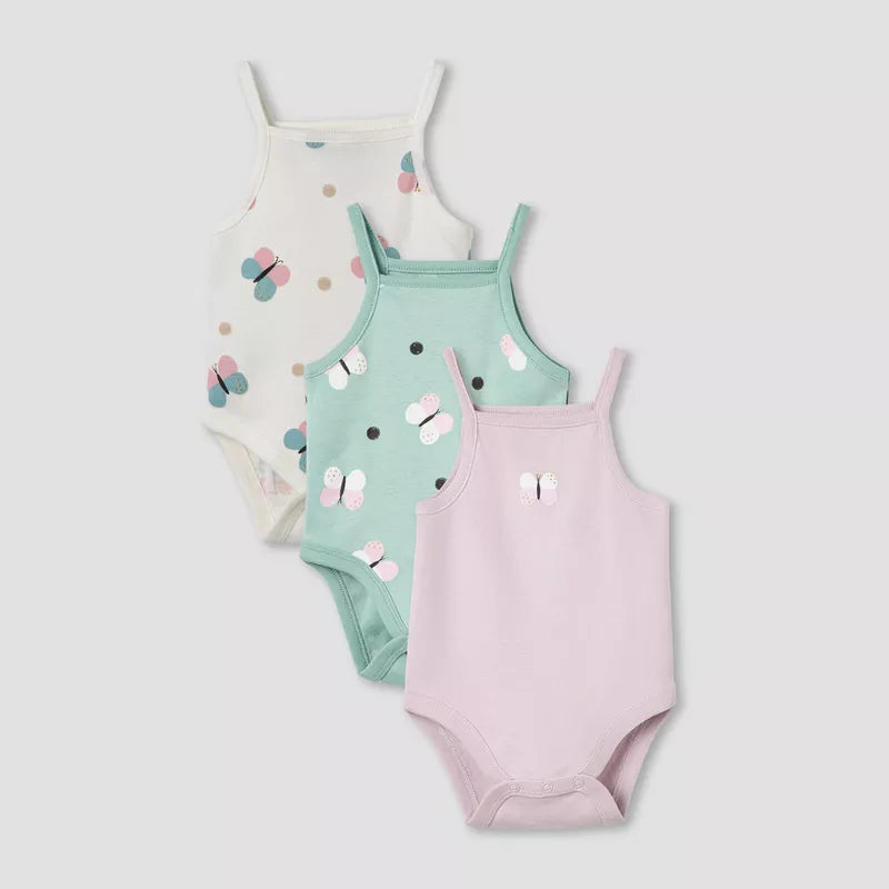 Pack of 3 Juniors Cotton Square Neck Strappy Bodysuit with Butterfly Print