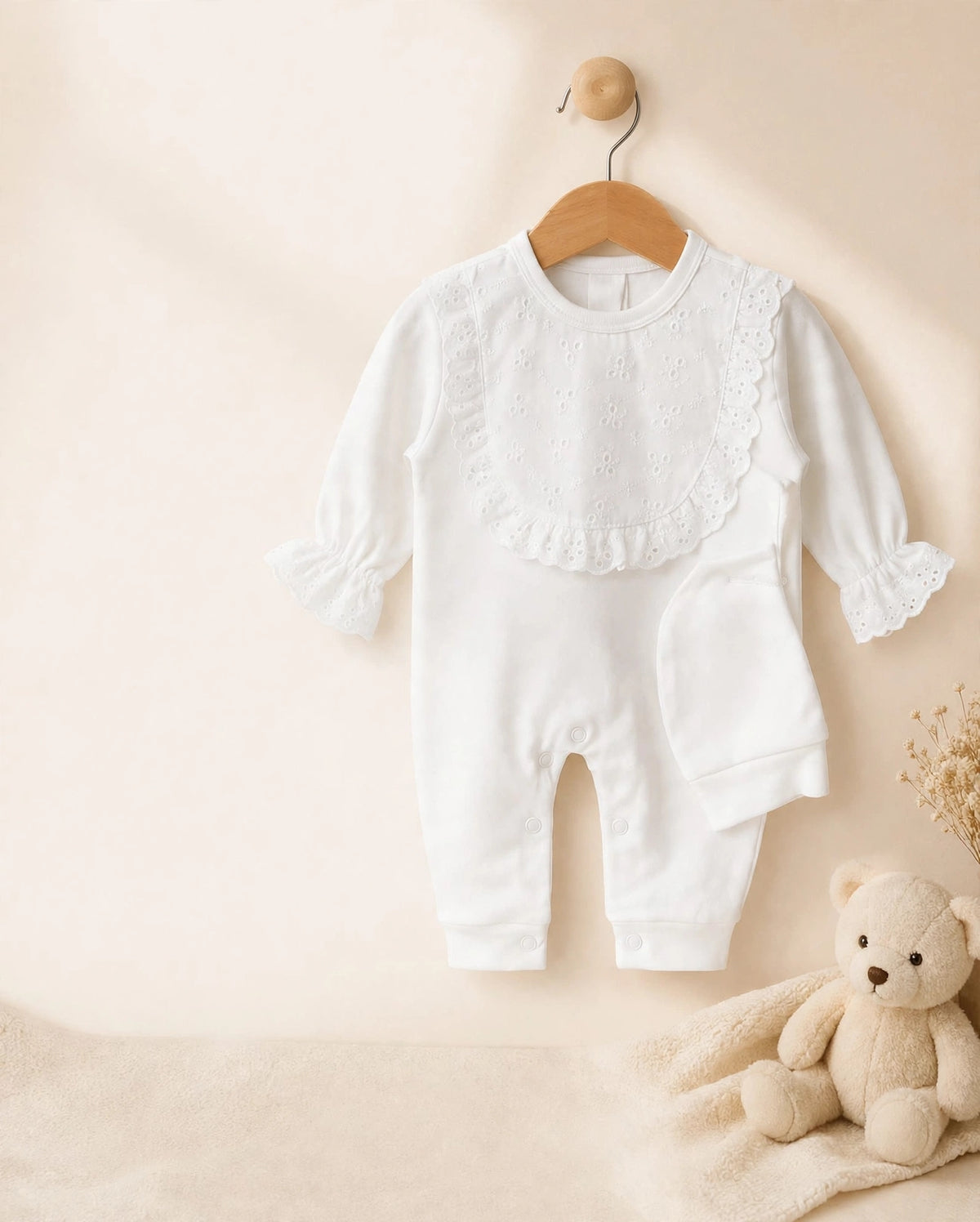 White Broderie Lace Romper & Hat Set