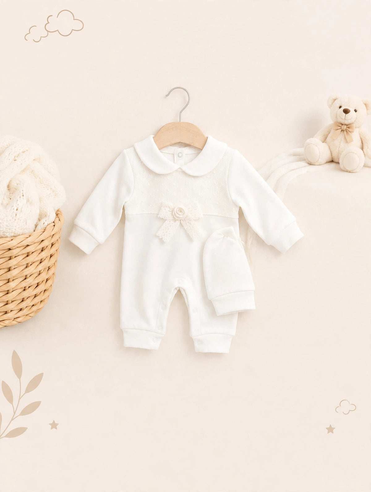 White Peter Pan Collar Romper & Hat Set with Flower Applique