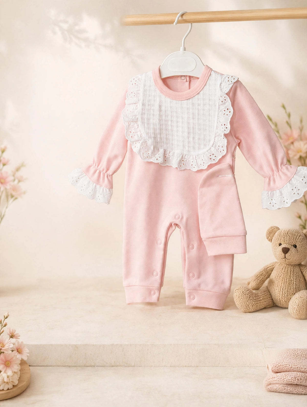 Pink Broderie Lace Romper & Hat Set