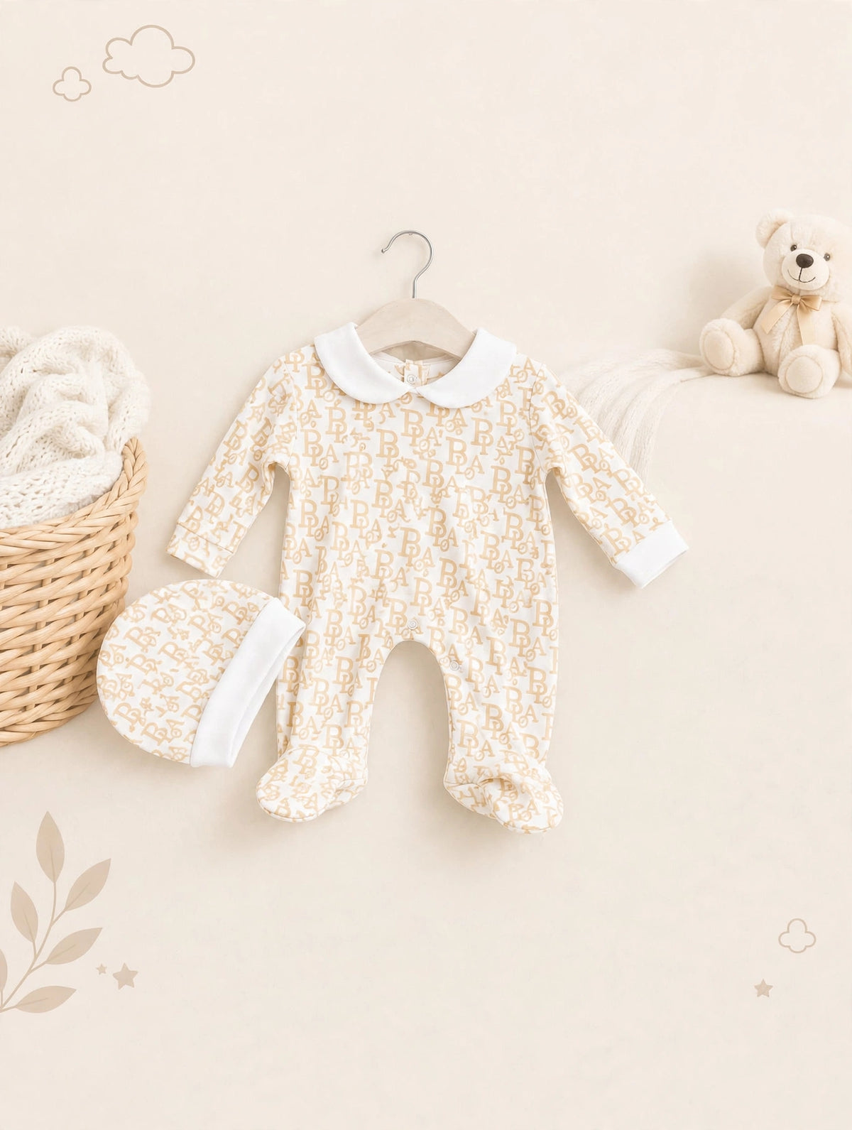 Beige Monogram Print Footed Romper & Hat Set