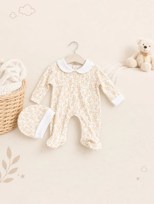 Beige Monogram Print Footed Romper & Hat Set