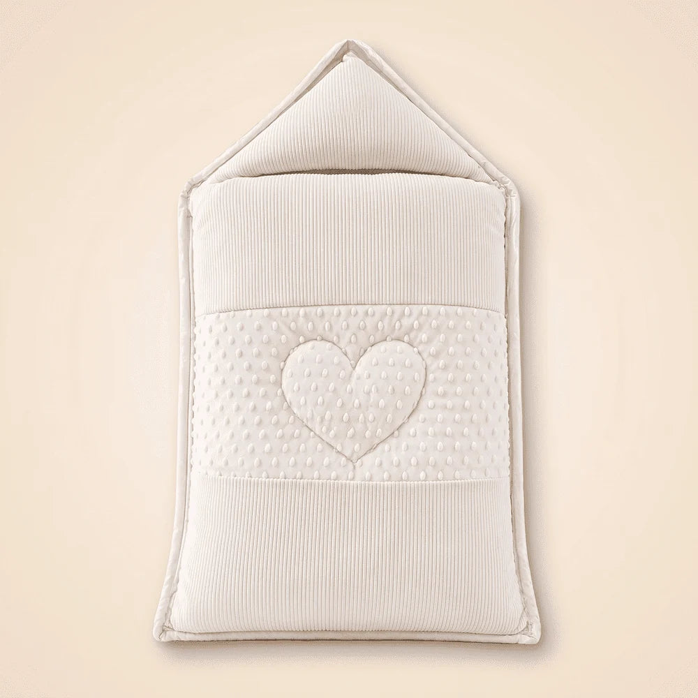 Luxury Hooded Newborn Sleeping Bag with Heart Quilted Panel - Beige