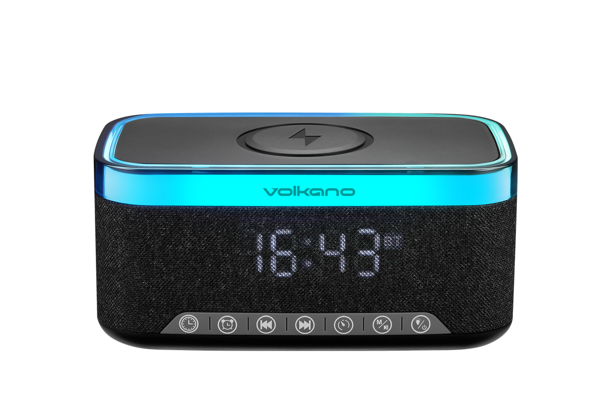 Volkano Radiant 2 Alarm Clock with Wireless Charging and Speaker - Black