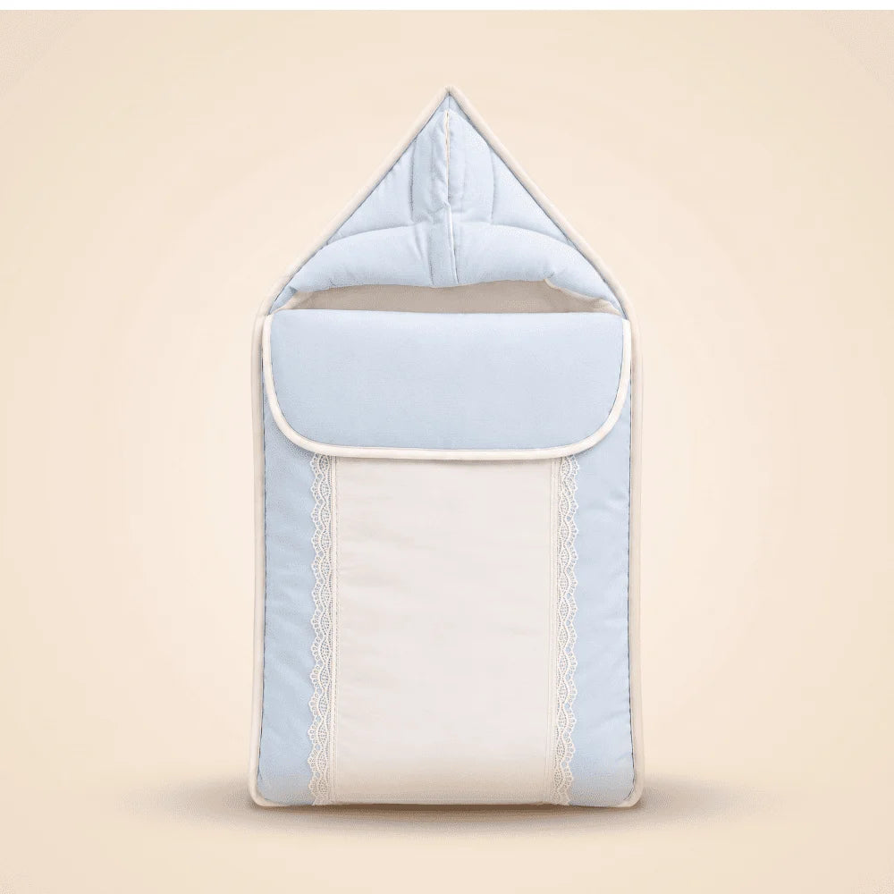 Luxury Hooded Newborn Sleeping Bag with Lace Trim - Light Blue