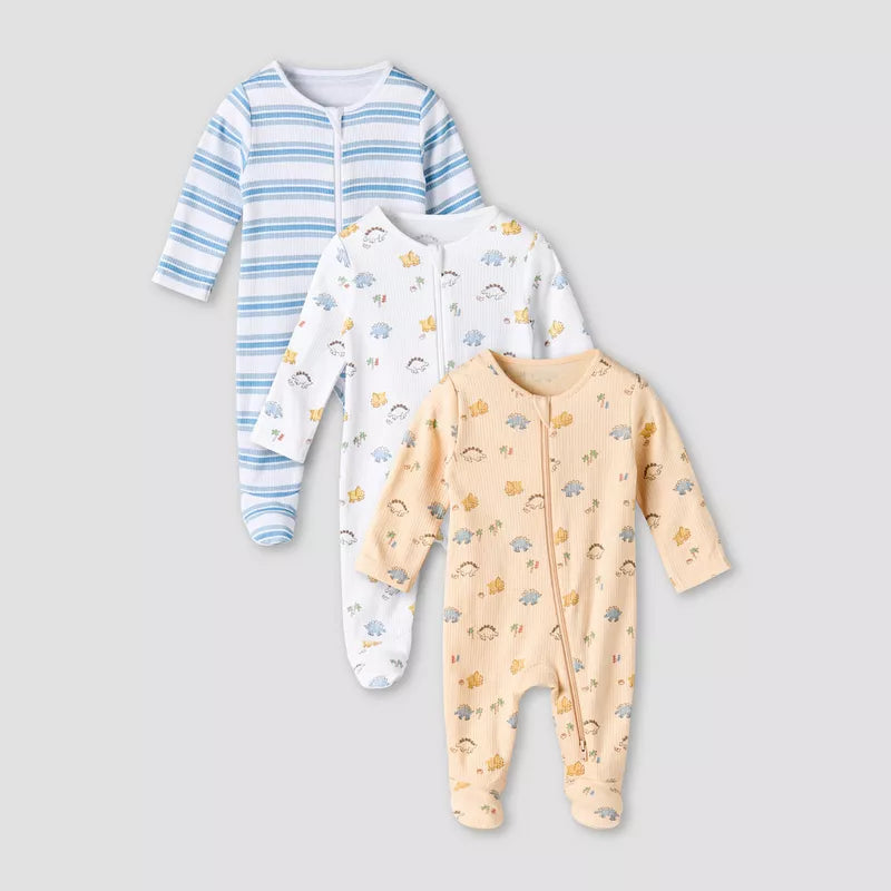 Pack of 3 Juniors Organic Cotton Crew Neck Long Sleeves Sleepsuit with Print