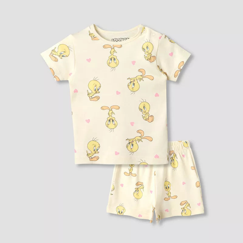 Disney Round Neck Short Sleeve T-shirt and Shorts Set with Tweety Print