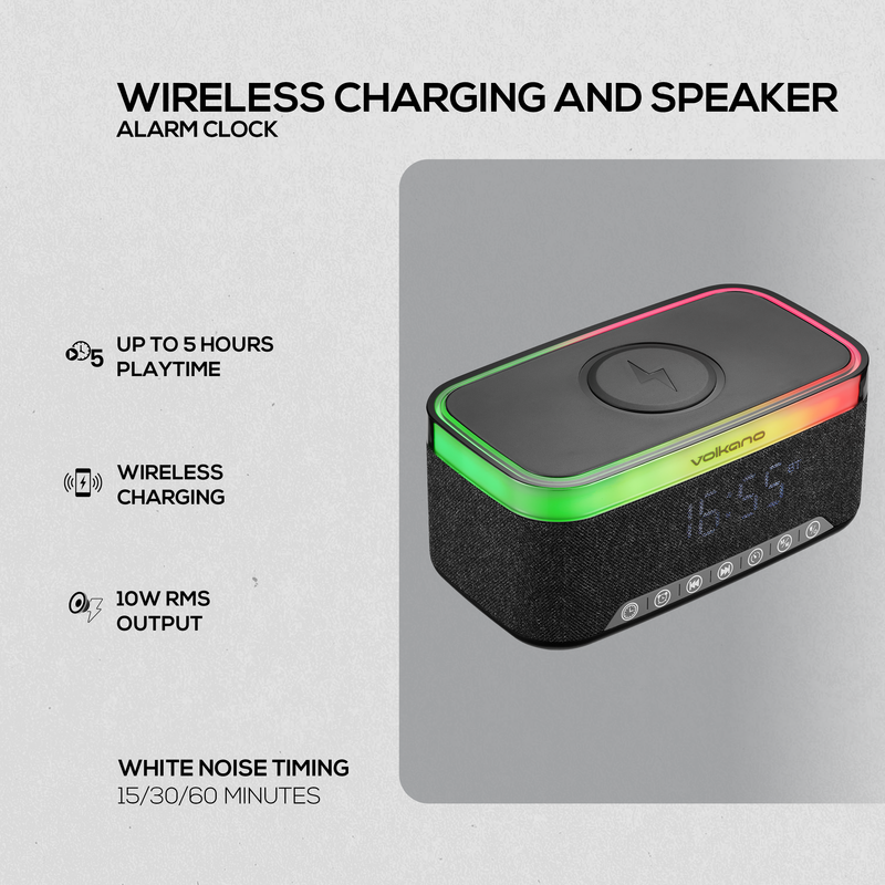 Volkano Radiant 2 Alarm Clock with Wireless Charging and Speaker - Black
