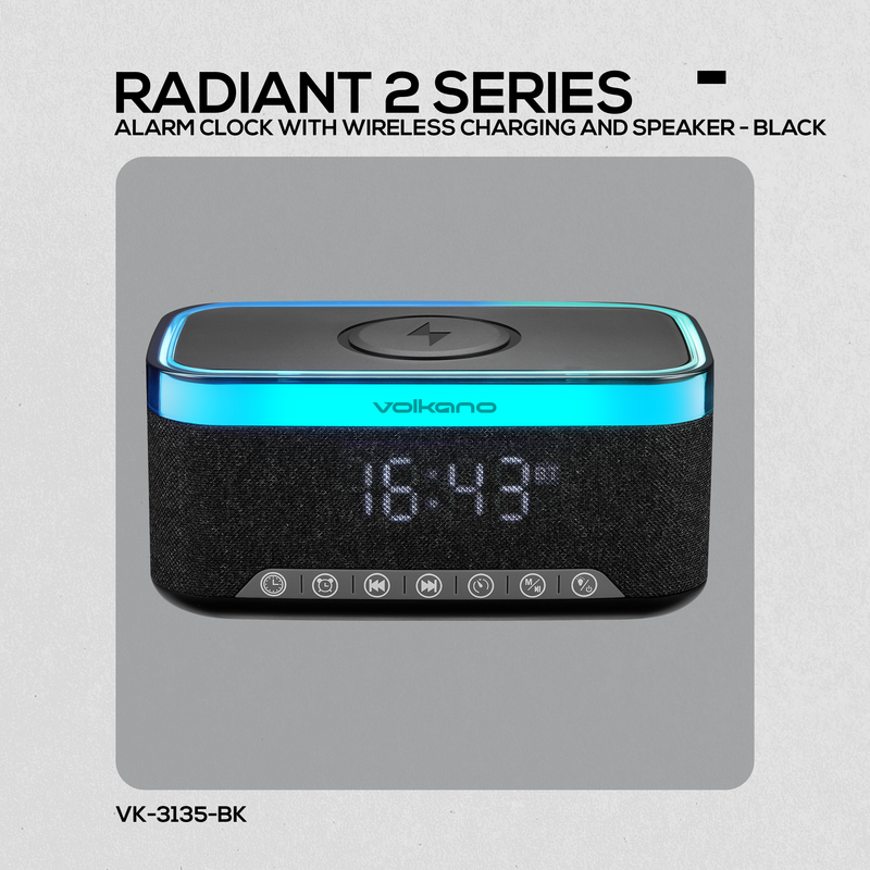Volkano Radiant 2 Alarm Clock with Wireless Charging and Speaker - Black