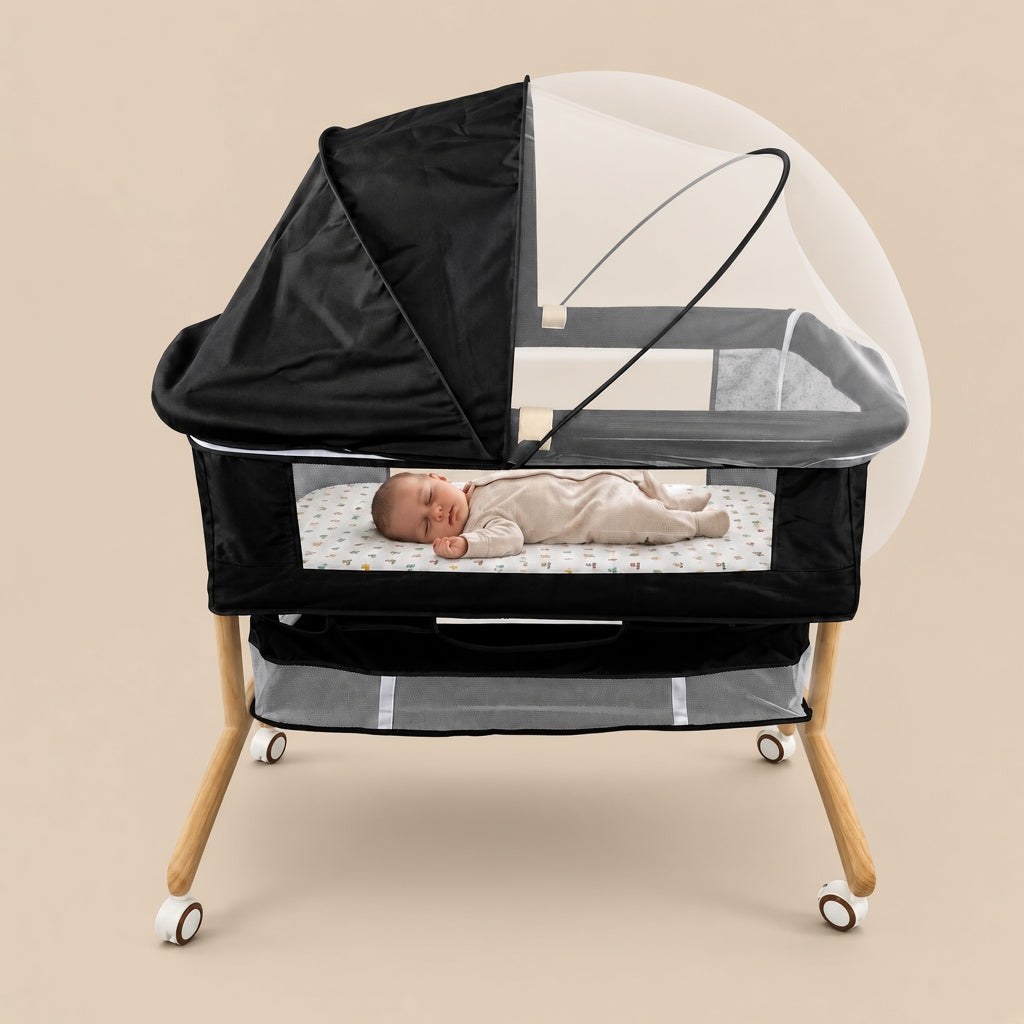 Portable Baby Bassinet with Wheels & Mosquito Net Canopy