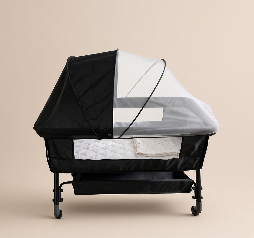 Portable Baby Bassinet with Wheels, Storage Basket & Mosquito Net Canopy