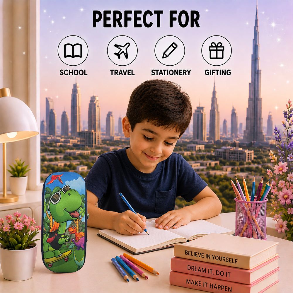Cocobee Dino On Skate Pencil Case With Internal Mesh Pocket, Sturdy Build, Zipper Closure – Boys, 3+ Years, Multicolor