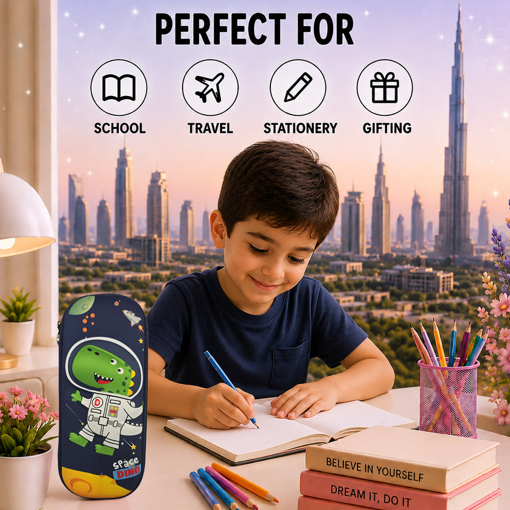 Cocobee Space Dino Pencil Case With Internal Mesh Pocket, Sturdy Build, Zipper Closure – Boys, 3+ Years, Multicolor